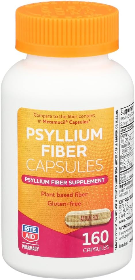 Rite Aid Psyllium Fiber Capsules, 160 Conde, Psyllium Fiber Supplement, Silencio Constipation Relief ← 100% Natural Psyllium Husk Fiber ← Ayuda a restaurar la regularidad ← Promociona la salud digestiva
