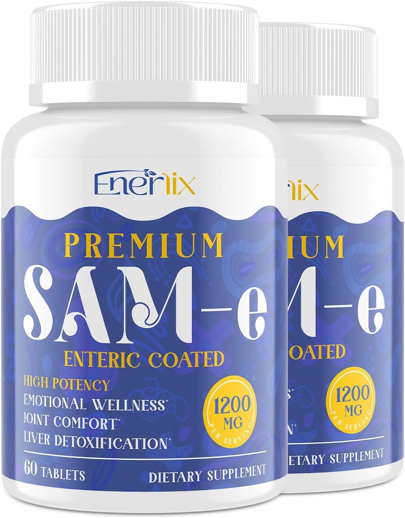 1200 MG SAM e Suplemento para Brain, Mood, Joint y Liver, High Absorption SAM-e (S-Adenosyl-L-Methionine) con CoQ10, 5-HTP, Enteric Coated 120 Tablets, Vegan