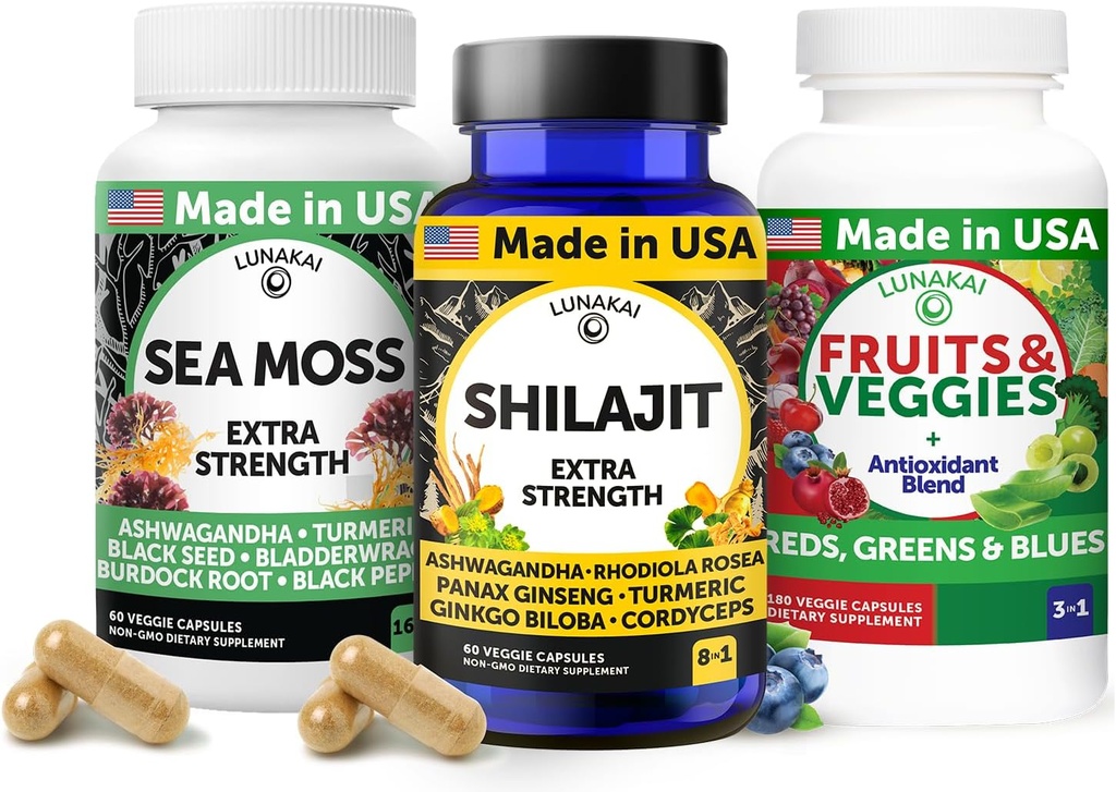 Lunakai EE.UU. Fabricado 3-en-1 Suplemento paquete cápsula – Shilajit, Irish Sea Moss " Superfood Fruits and Veggies