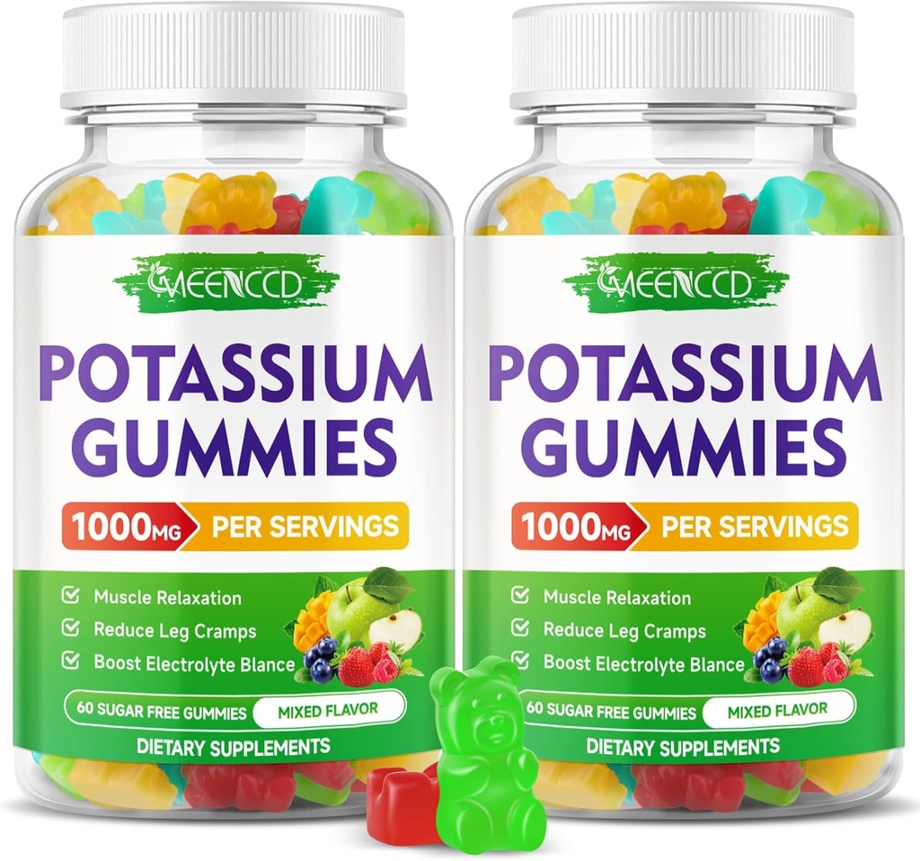Potasio Citrate Gummies 1000mg, Alta Potencia Potasio Suplemento Gummies para Adultos Mujeres &amp; Hombres, Apoyo Leg Cramps &amp; Muscle Health, Azúcar libre, sabor a fruta mezclada, 120 Condes