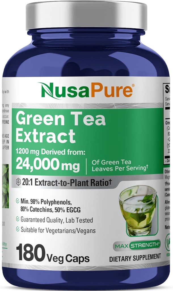 NusaPure Té verde 20:1 Extracto, 1200 mg Equivalente a 24000mg, 180 cápsulas veganos, 50% EGCG, 98% polifenoles, 80% Catechins
