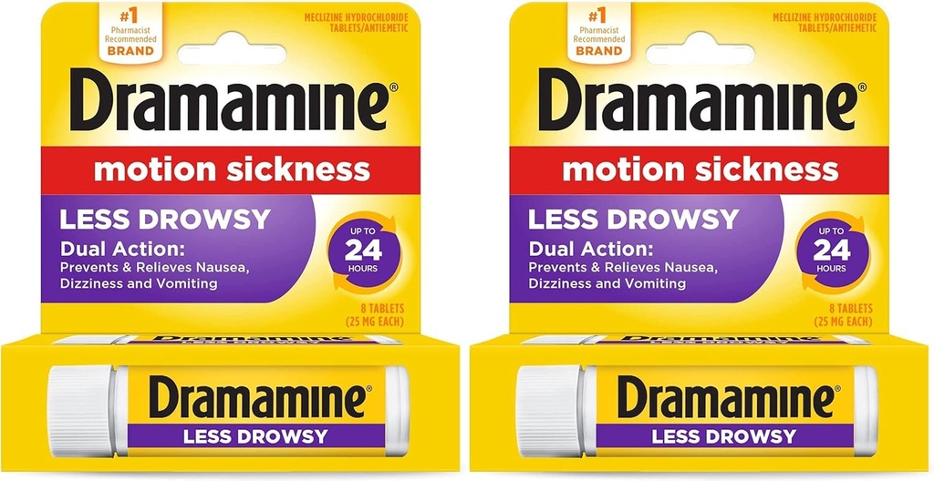 Dramamine All Day Less Drowsy Motion Sickness Relief 8 Tablets Included (Pack of 2)