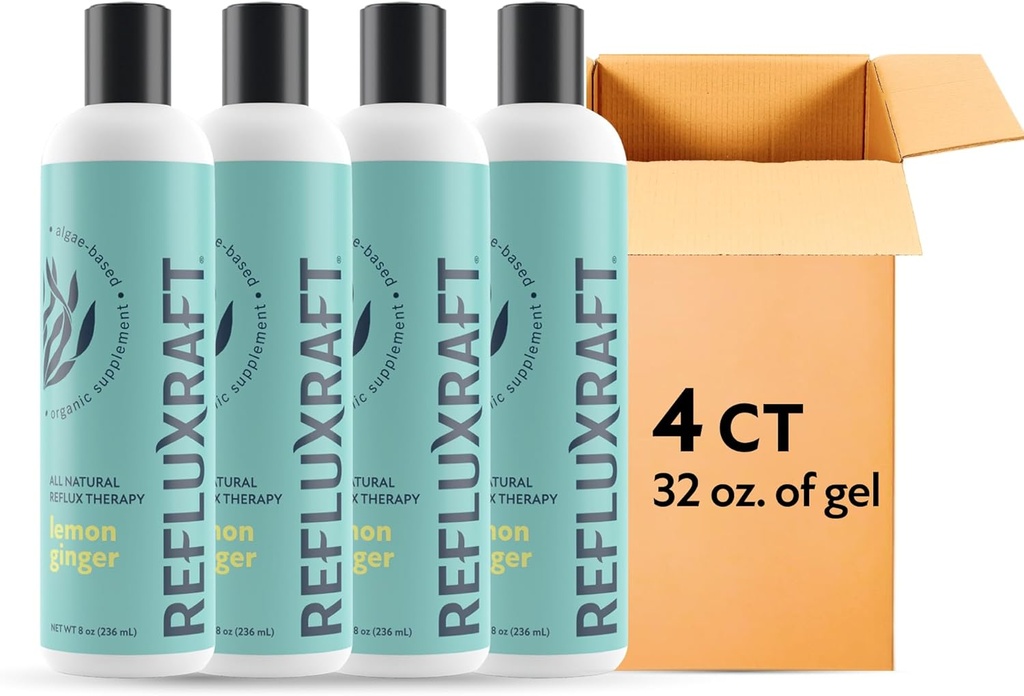 Terapia de Reflujo Ácido, Alginato Orgánico, Rápida &amp; Long Lasting Gerd, LPR &amp; Digestion Symptom Support, Zero Sugar, Gluten Free, Low Sodium, Lemon Ginger, 47 Gel Servings Por 8 OZ Bottle, 4 Pack