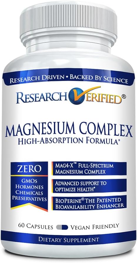 Complejo de Magnesio Verificado de Investigación - Cerebro, Musculo y Nerve Soporte - Magnesium Bisglycinate, Malate, Citrate y Oxide - Bioperine - Vegan - 60 cápsulas - Pack de 1
