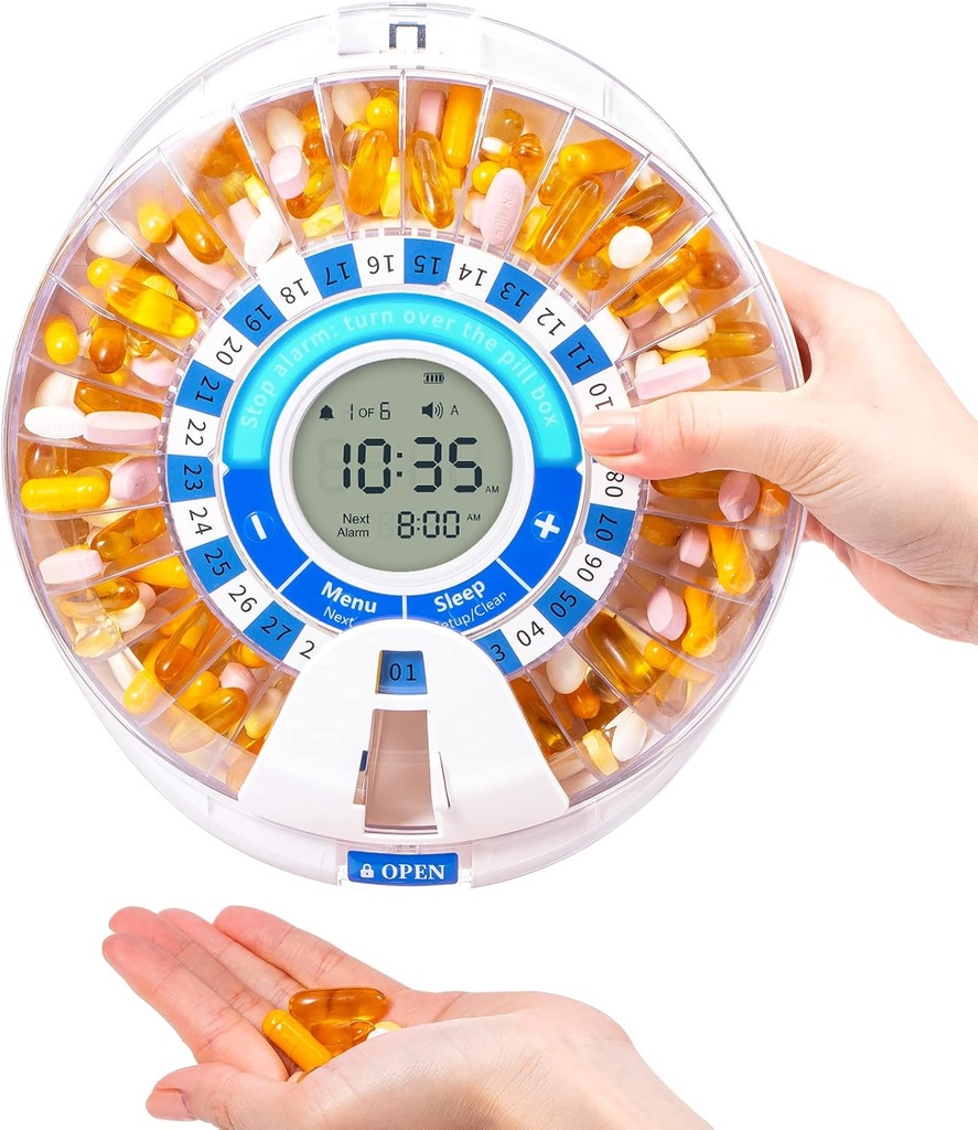 Máquina de dispensador automático de píldoras Zoksi para el anciano con alarma, dispensadores y organizadores electrónicos de píldoras, dispensador de medicamentos templados, recordatorio mensual de medicamentos para las recetas y vitaminas