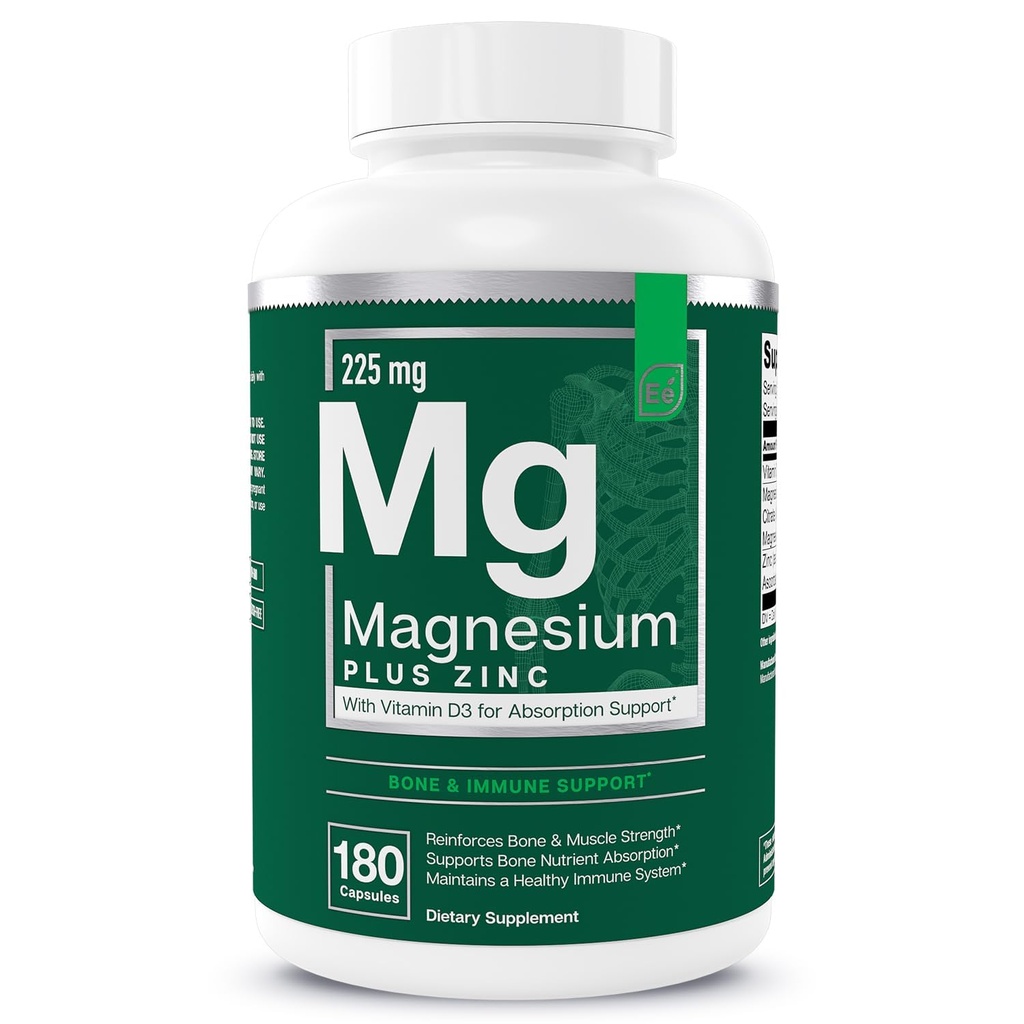 Elementos esenciales Magnesium Plus Zinc con Vitamina D3 ← CorazÃ3n Formulado Científicamente, Bono &amp; Muscle Support TEN 225mg Complejo de Magnesio Triple-Fortaleza con Glycinate, Malate, Citrate TEN 180 Con