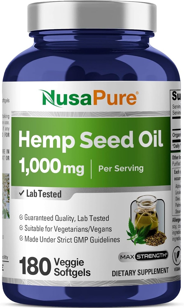 NusaPure Hemp Oil 1000mg Por Serving, 180 Veggie Softgels, Non-GMO, Vegan