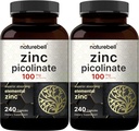 2 Pack Maximum Strength Zinc 100mg, Zinc Picolinate Suplemento, 480 cápsulas, vitamina Zinc y vitaminas inmunitarias para la función de la enzima y soporte de inmuno, no transgénico y fabricado en EE.UU.