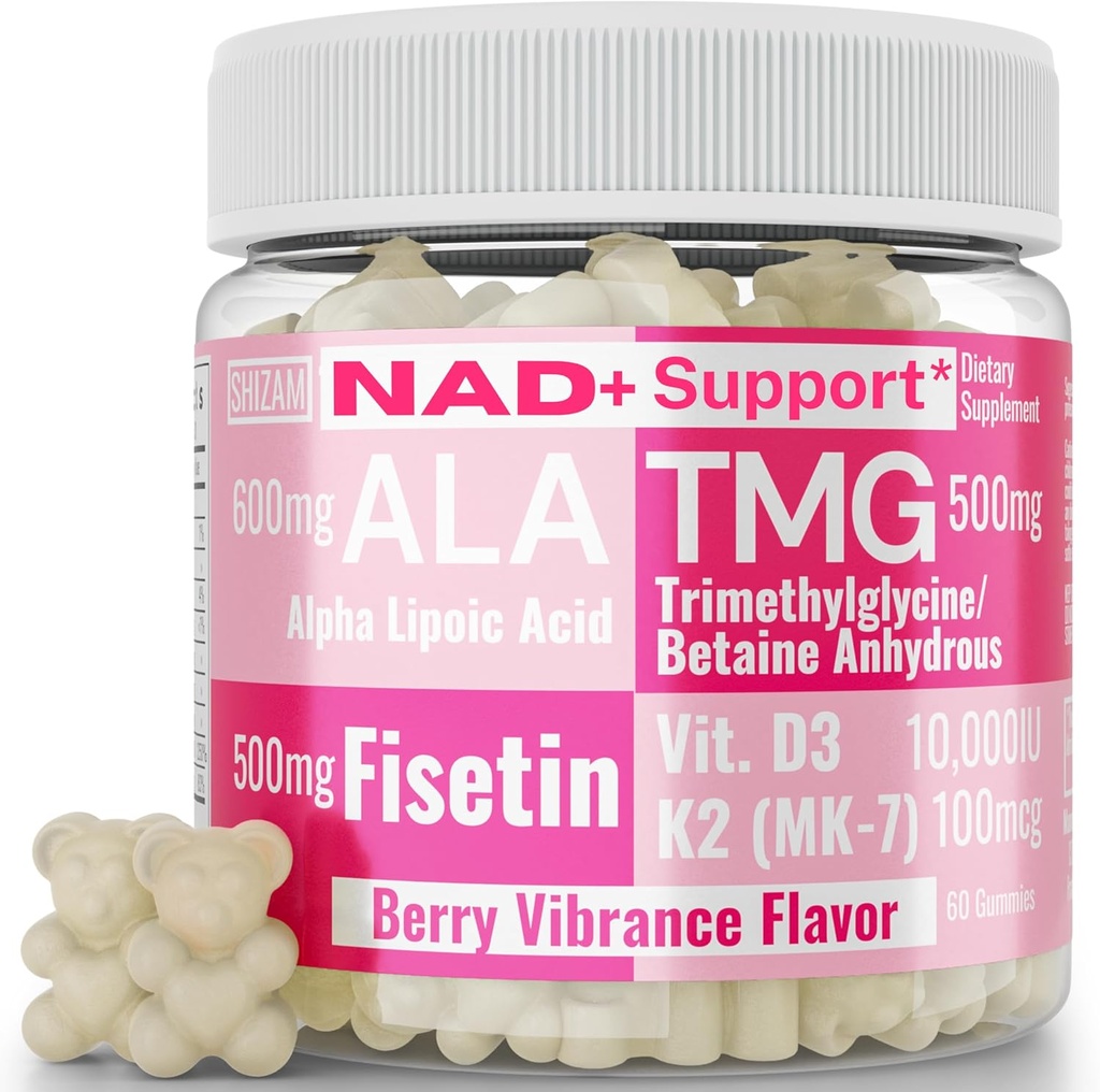 SHIZAM TMG Betaine Alpha Lipoic Acid ALA D3 Fisetin Gummies, Tri-Metilglycine trimetilglycine R-Alpha NAD+ Más + HCL Suplementos, Mitocondrial Senolytic Activator, NR Capsules Powder 600mg 1000mg