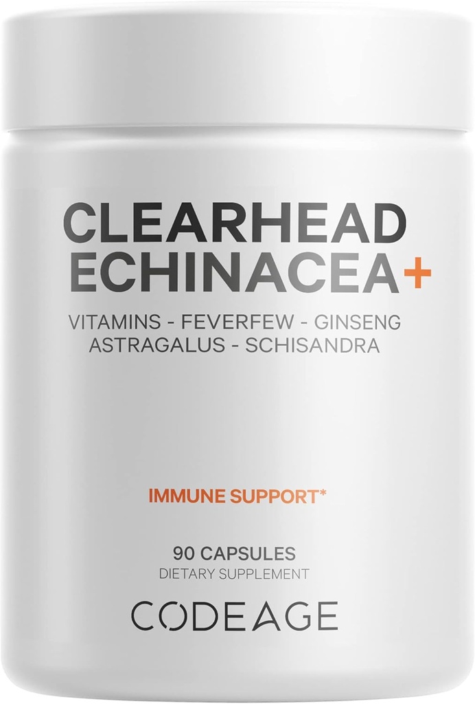 Codeage Clearhead Echinacea+ Suplemento - Echinacea, Schisandra, Feverfew, Coptis, American Ginseng, Astragalus, Ajo, Probióticos, Vitaminas C &amp; D3, Zinc, Selenium - Clear Head Vitamin - 90 cápsulas