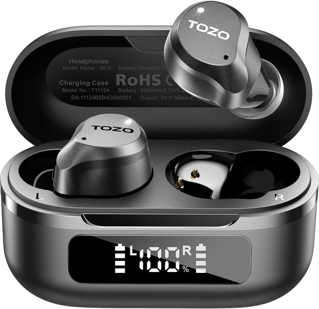 TOZO NC9 Hybrid Active Noise Canceling Wireless Earbuds, 6 Mics ENC Clear Call, IPX8 Waterproof, in Ear Bluetooth 5.3 Auriculares Stereo Bass Ear Buds 59H Tiempo de reproducción con pantalla LED 32 EQs vía APP