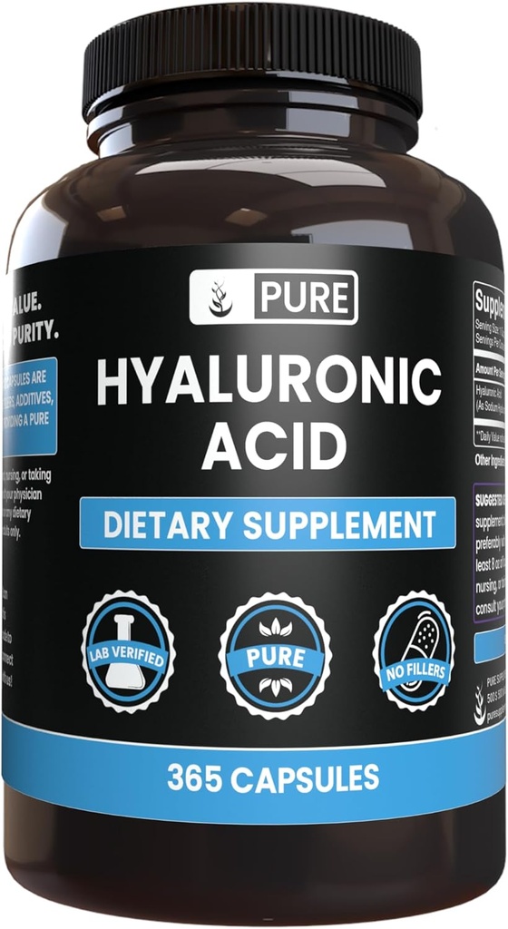 Ingredientes originales puros Ácido hialurónico (365 capsules) No hay magnesio o rifles de arroz, siempre puro, lab verificado