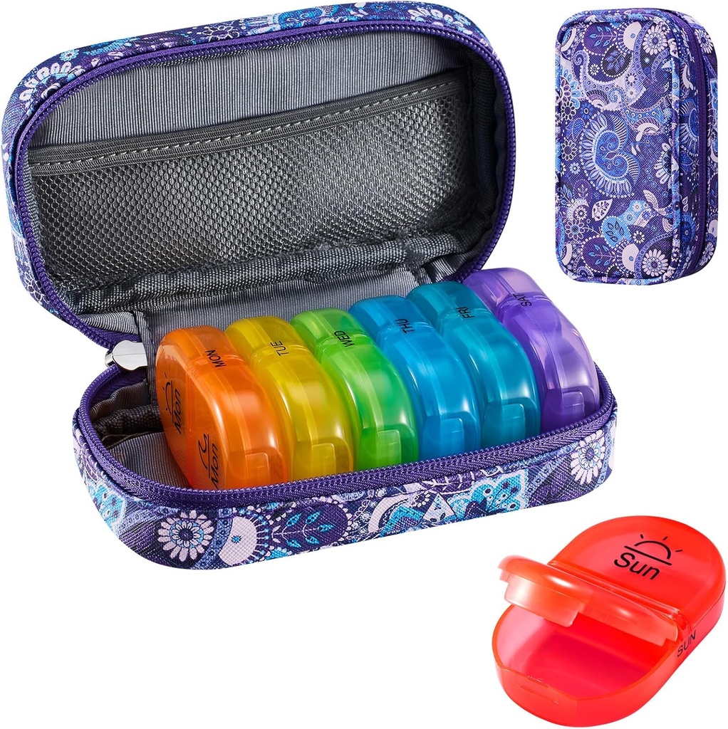 Serfeymi Organizador semanal de píldoras de viaje 2 veces al día AM Upgraded Rainbow Pill Box 7 Day with Portable Zipper PU Leather Pill Case, Medicine Organizer for Pills, Vitamins, Fish Oils - Purple-01