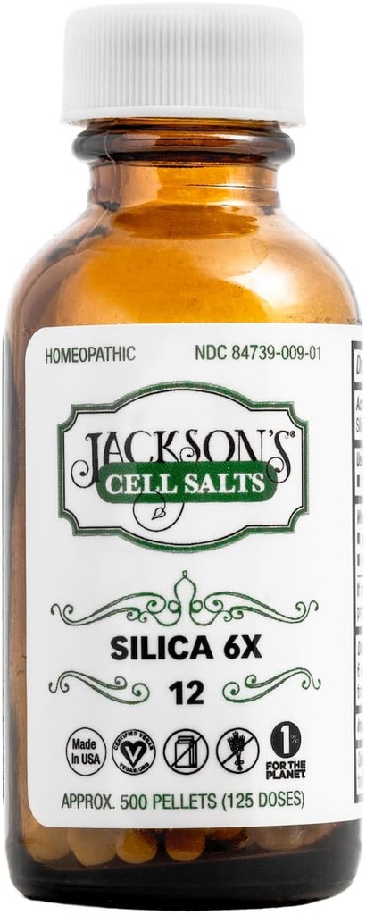 Jackson's #12 Cell Salt Silica 6X (500 Pellet Bottle) - Certified Vegan, Lactose-Free Schuessler Salt Silicea 6X (Made in the USA)