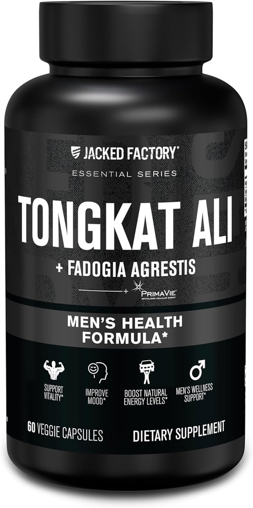 Jacked Factory Indonesian Tongkat Ali + Fadogia Agrestis - 200:1 Extracto Longjack Tongkat Ali para Hombres con Fadogia Agrestis 600mg &amp; Primavie Shilajit para apoyar la realidad, la energía, " Mood - 60 cápsulas