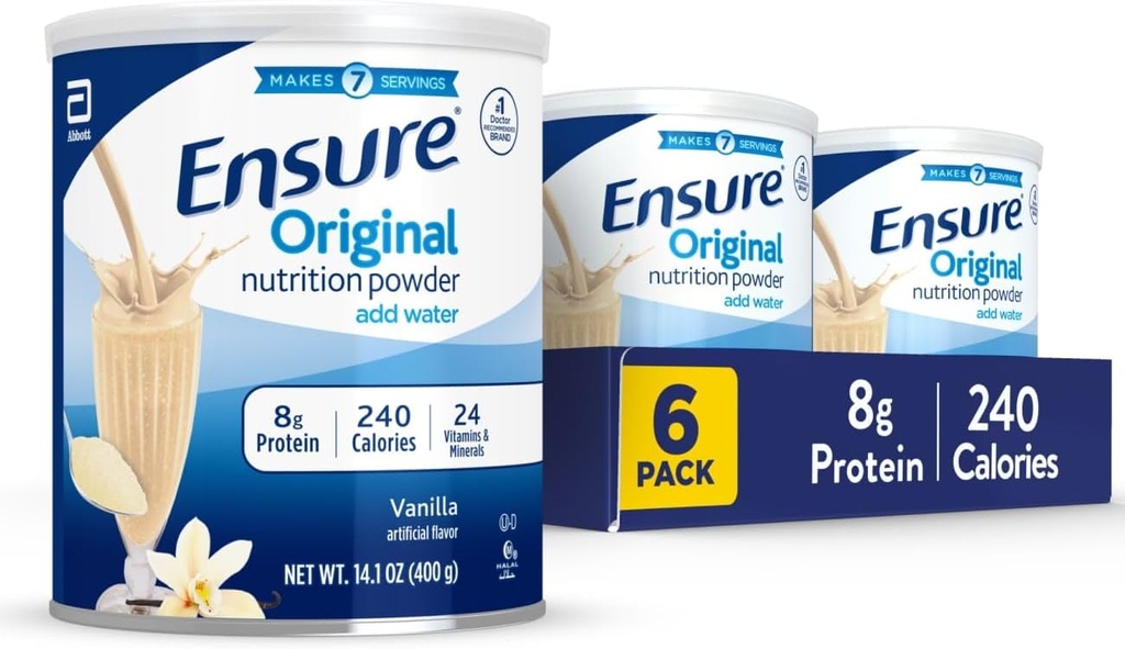 Asegurar la nutrición de vainilla original pólvora de vainilla Vanilla Protein Powder ← Reemplazo de la comida pequeña Mezcla  8g Proteína, 24 Vitaminas &amp; Minerals ← Salud inmune TEN 14.1 oz - 6 pack