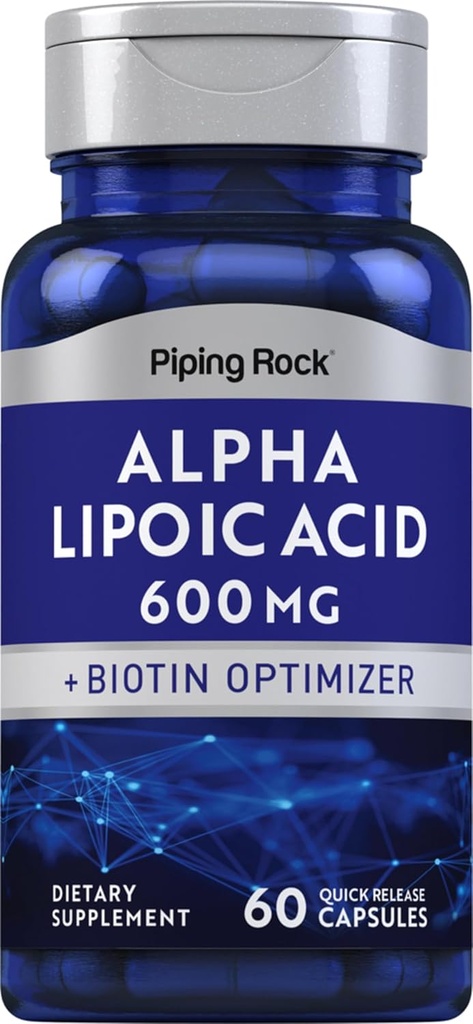 Piping Rock Alpha Lipoic Acid 600mg ANTE ALA con Biotin Optimizer TEN 60 cápsulas ANTE NO GMO, Gluten Suplemento gratuito