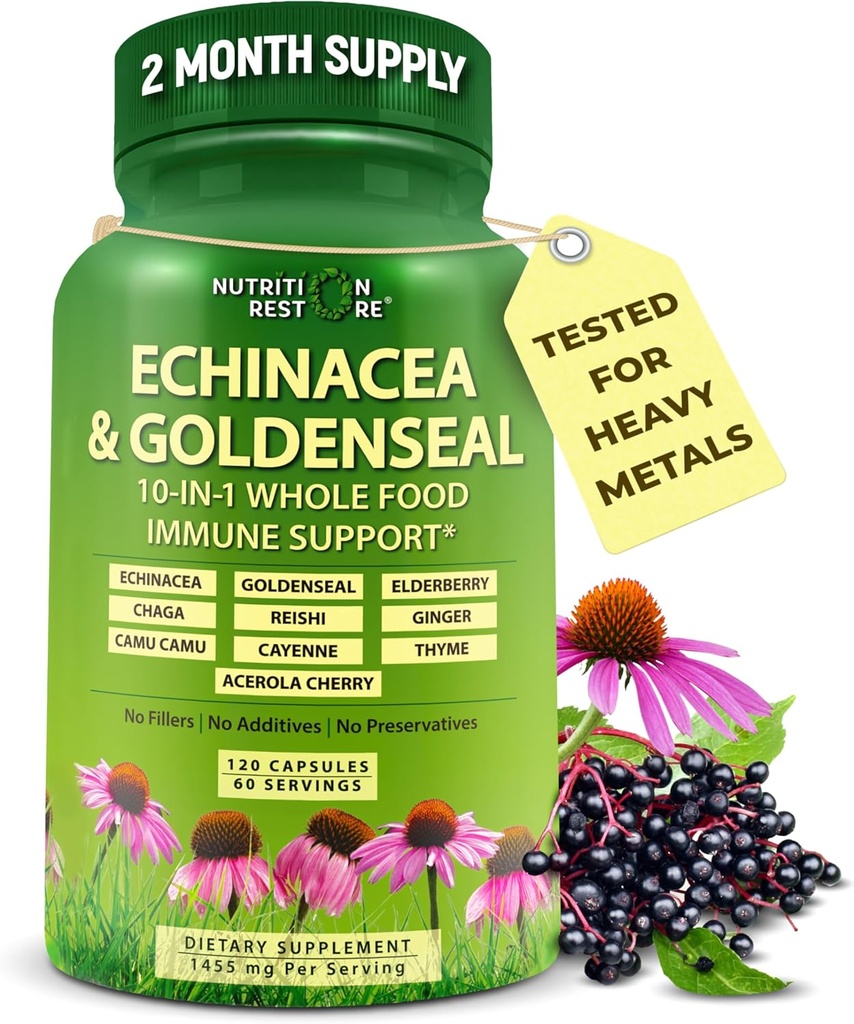 Echinacea Goldenseal Capsules - 10 in 1 Immune Support Supplement - 1455mg - Vegan Echinacea Capsules Suplemento Hecho con alimentos orgánicos enteros - Herbal Immune System Support - 2 Month Supply