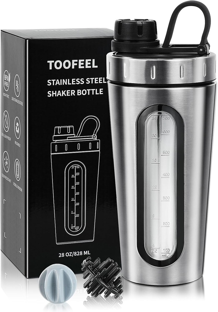 ToOFEEL Shaker Botellas para Protein Mixes 28 oz Acero Inoxidable Protein Shaker con 2 bolas de mezcla, No se queda frío/caliente, Visible Window Metal Shaker Cups, A prueba de problemas, BPA Free Bottle Shaker