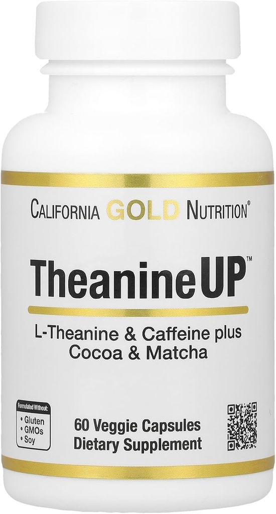 California Gold Nutrition TheanineUPTM, L-Theanine &amp; Caffeine Plus Cocoa, y Matcha, 60 Veggie Capsules