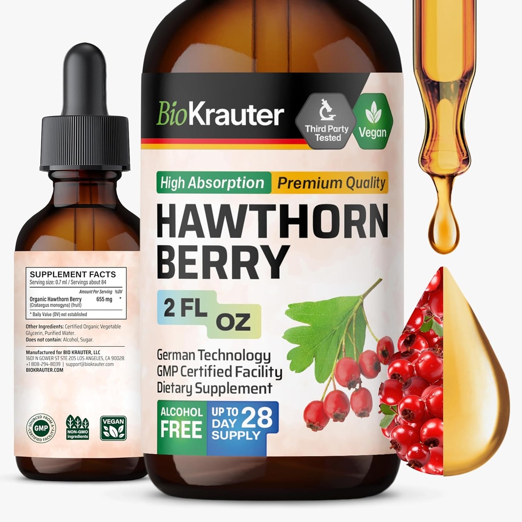 BIO KRAUTER® Hawthorne Berry Supplement - Pure Vegan Hawthorn Berry Liquid Drops 655 mg por Serving 2 Fl.Oz 28 Days of Supply - Utilizado para el soporte general &amp; Daily Wellness - Alcohol &amp; Sugar Free