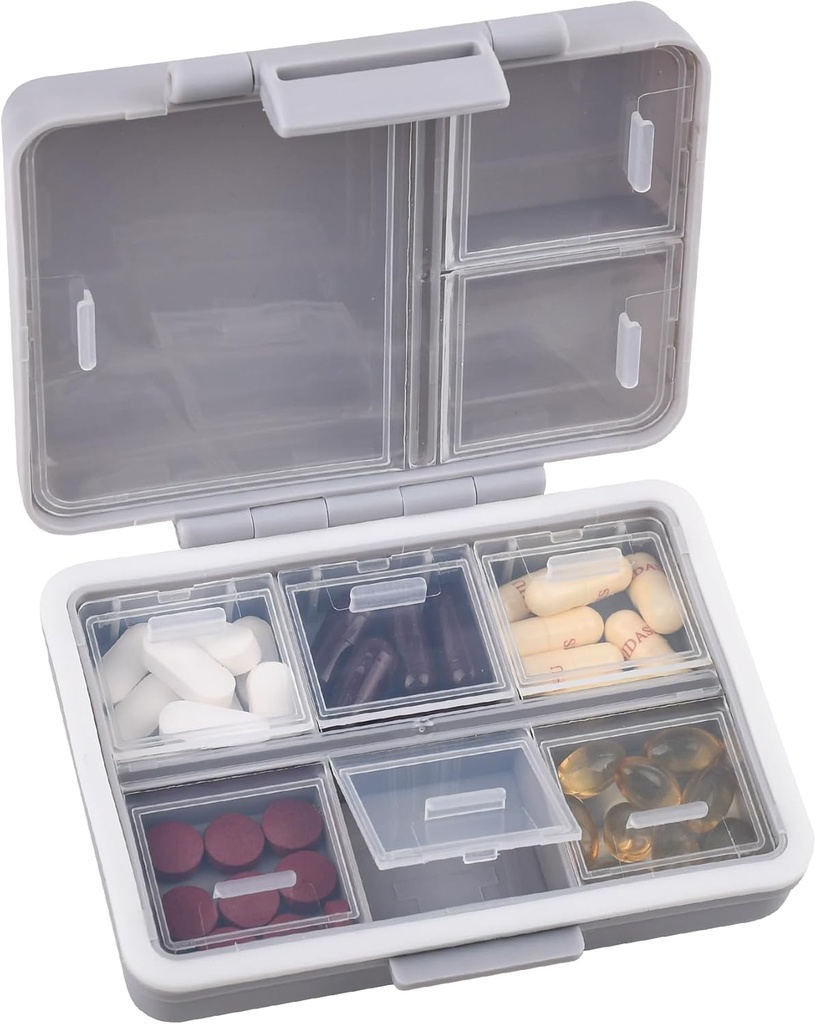 9-Grid Pill Organizer,Portable Pill Box,Large Capacity Compartments,Travel Pill Container,Medicine Dispenser,Pill Purse,Pill Case for Vitamins, Fish Oils or Supplements(Grey)