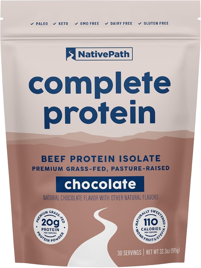 NativePath Isolato de proteína completa de carne de vaca - Grass-Fed, Pasture-Raised, Dairy & Lactose Gratis, Gluten Free, Zero Sugar, MCTs & Aminoácidos – 20g Proteína, Chocolate Flavor, 30 Servimientos