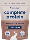 NativePath Isolato de proteína completa de carne de vaca - Grass-Fed, Pasture-Raised, Dairy & Lactose Gratis, Gluten Free, Zero Sugar, MCTs & Aminoácidos – 20g Proteína, Chocolate Flavor, 30 Servimientos
