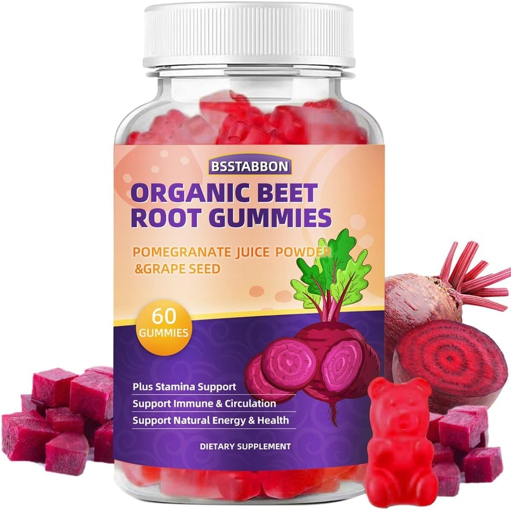 Beet Root Gummies with Beet Root Extract,Pomegranate Juice Power,Grape Seed Extract Supplement Por Serving for Men and Women Non-GMO, and Gluten Free,60Gummies