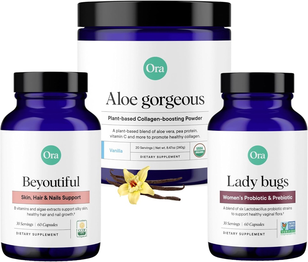 Ora Organic Vegan Collagen, Probióticos, Prebióticos &amp; BeYouTiful Bundle: Aloe Vera - Vanilla Flavor, 20 Servimientos + 60 Vegan Probiotic Capsules + Pelo, Esquín, & Nails Support, 60 Vegan Capsules