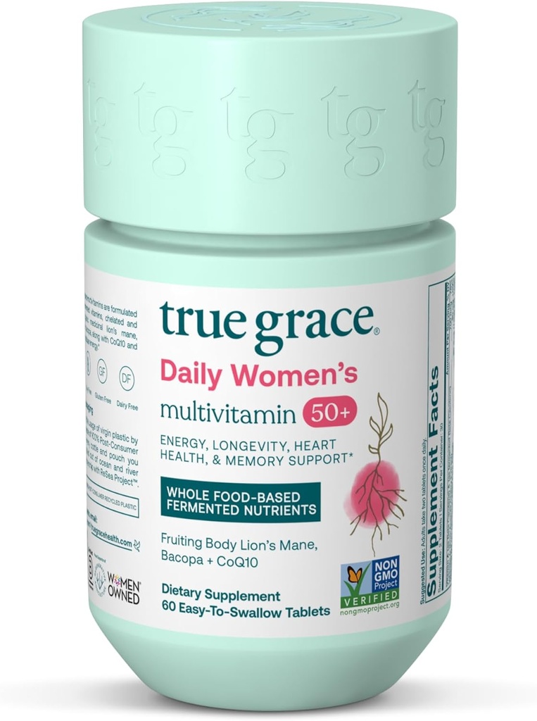 True Grace Daily Women’s Multivitamin 50+ - 60 Tablas fáciles de cambiar - Immune, Energy, Longevity & Memory Support - Vegan - Gluten, Soy & Iron Gratis - 30 Serviciones