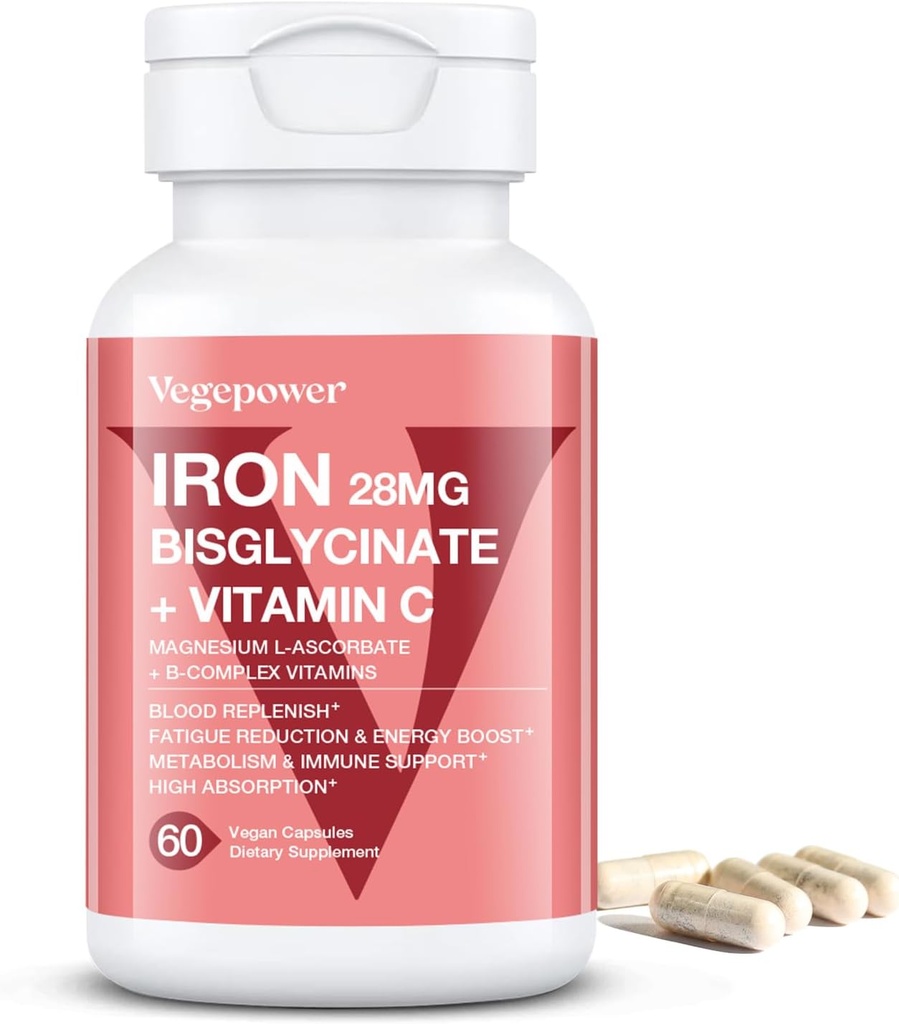 Suplementos de Hierro para Mujeres, Hierro Vegano Bisglycinate 28mg Plus Vitamina C, Ácido Fólico - Pilas de Hierro para la Anemia, Deficiencia de Hierro y Apoyo Energético - Alta Absorción, Libre de gluten, No OGM - 60 cápsulas