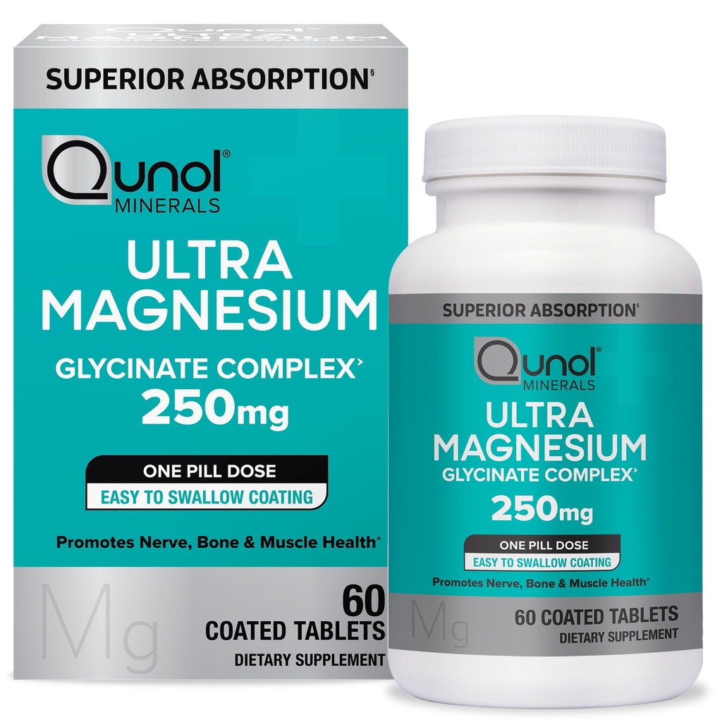 Complejo Glycinate Qunol Magnesium, Gentle on Stomach, 250mg One Pill Dose, Magnesio de Absorción Superior, Nerve, Bone y Muscle Health Suplemento, 60 Cuenta (Pack de 1)