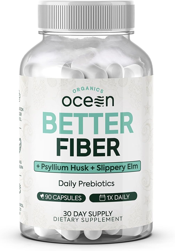 Organics Ocean Better Fiber - Suplemento diario de fibra - Soften Stool for Effortless Bowel Movements - con Psyllium Hulk y Slippery Elm - 90 cápsulas