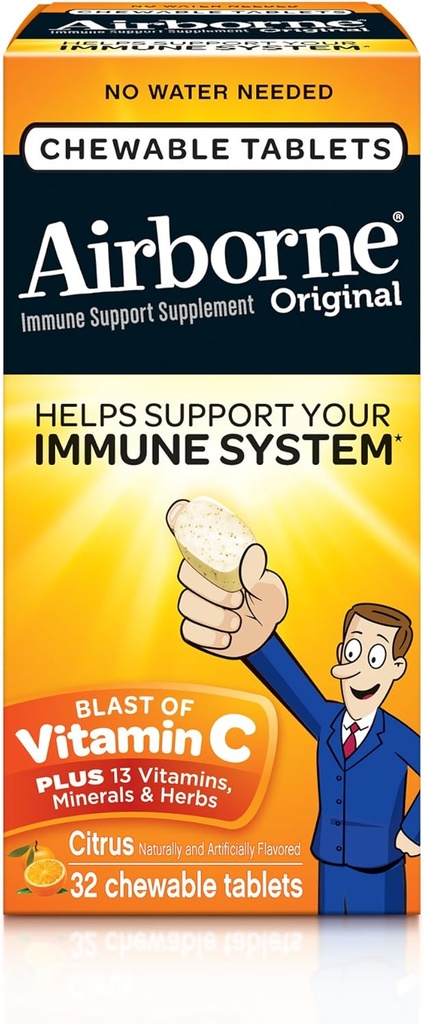 Airborne 1000mg Vitamina C Tablas agrietadas con zinc, Immune Support Suplemento con potentes antioxidantes Vitaminas A C &amp; E - 32 Tablas abatibles, Citrus Flavor