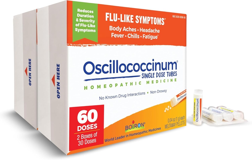 Boiron Oscillococcinum para el alivio de los síntomas de la gripe como los dolores corporales, dolor de cabeza, fiebre, píldoras y fatiga - 60 dosis (Pack of 2)