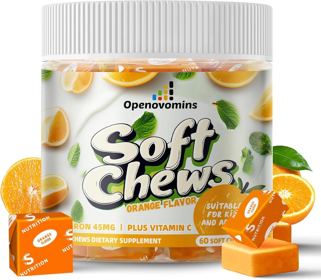 Ciervos suplementos de hierro con vitamina C para Mujeres Hombres y Niños, Ciervo suave de hierro natural vegano con vitamina B6,B12,D, Calcio &amp; Zinc - Apoyo energético, 60 Chews blandos de naranja, 2 Mes de suministro