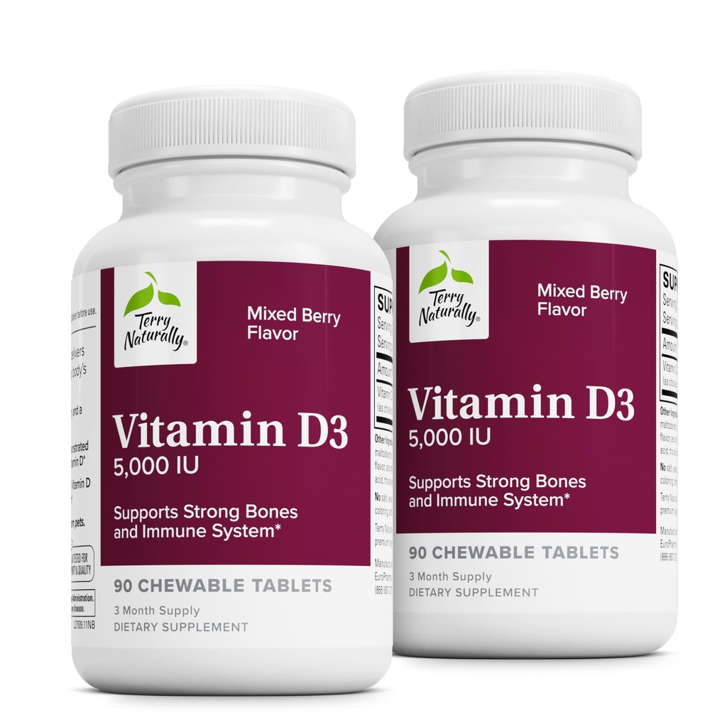 Terry Naturalmente Vitamina D3 - Bone Health & Bone Strength Support Supplement - Immune System & Brain Support - 5,000 IU Vitamina D Tablets with Mixed Berry Flavor - 90 Chewable Tablets (Pack of 2)