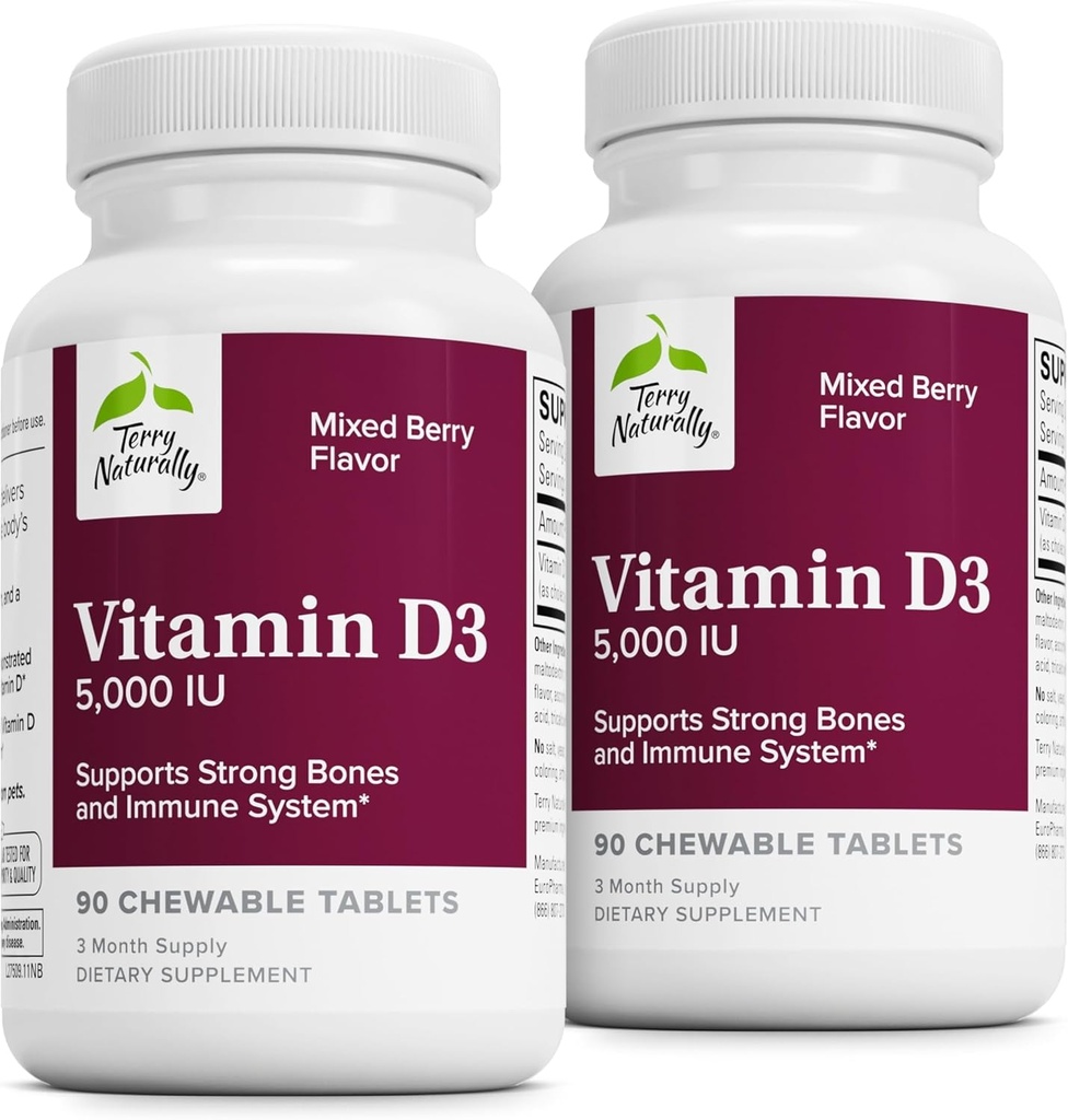 Terry Naturalmente Vitamina D3 - Bone Health & Bone Strength Support Supplement - Immune System & Brain Support - 5,000 IU Vitamina D Tablets with Mixed Berry Flavor - 90 Chewable Tablets (Pack of 2)