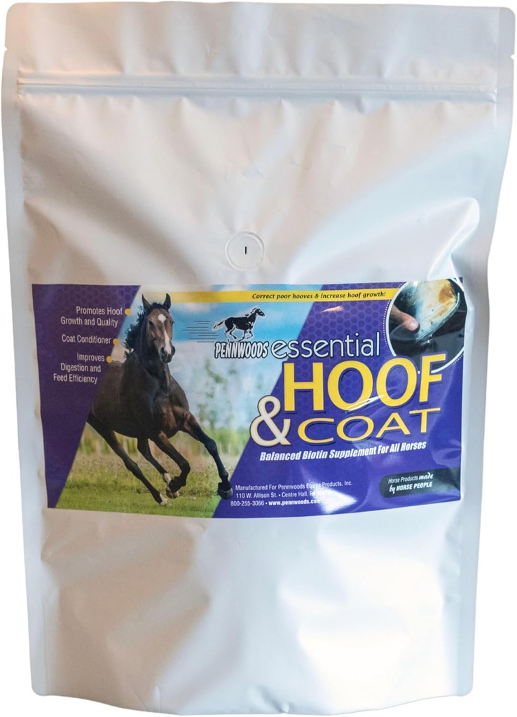 Pennwoods Essential Hoof & Coat - Suplemento de caballo con biotina para el crecimiento óptimo del casco, la sal saludable y el equilibrio nutricional, bolsa de 4 libras