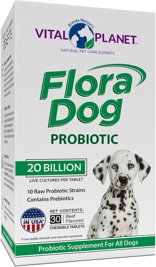Planeta Vital - Flora Dog Probiotic Chewable Tablets Suplemento con 20 culturas de billón y 10 Strains, High Potency Immune y Digestive Support Probiotics for Dogs, 30 tabletas de sabor a carne