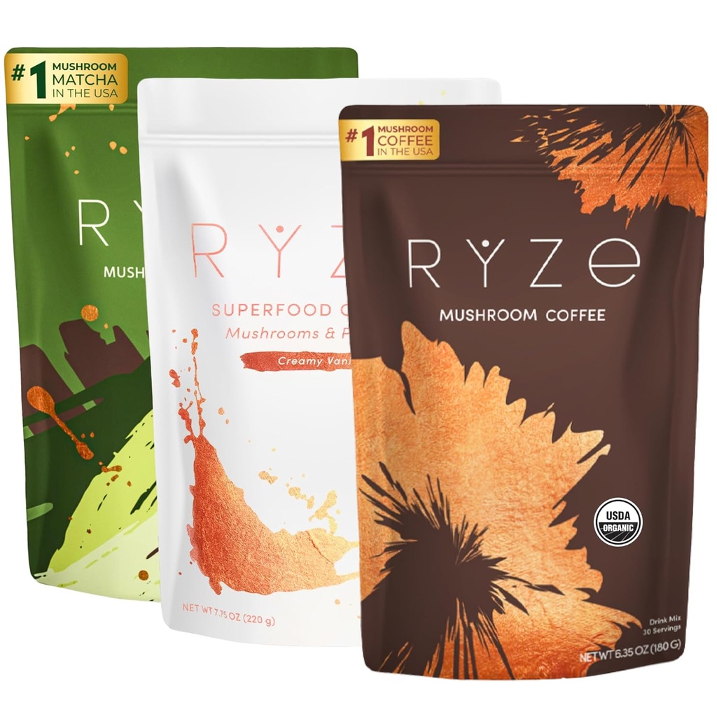 RYZE SUPERFOODS Ultimate Energy Bundle, USDA Organic Mushroom Coffee & Mushroom Matcha + Crema Probiótica con 6 Mushrooms Adaptogénicos para una mejor energía, foco, digestión, inmunidad, 30 servir cada uno