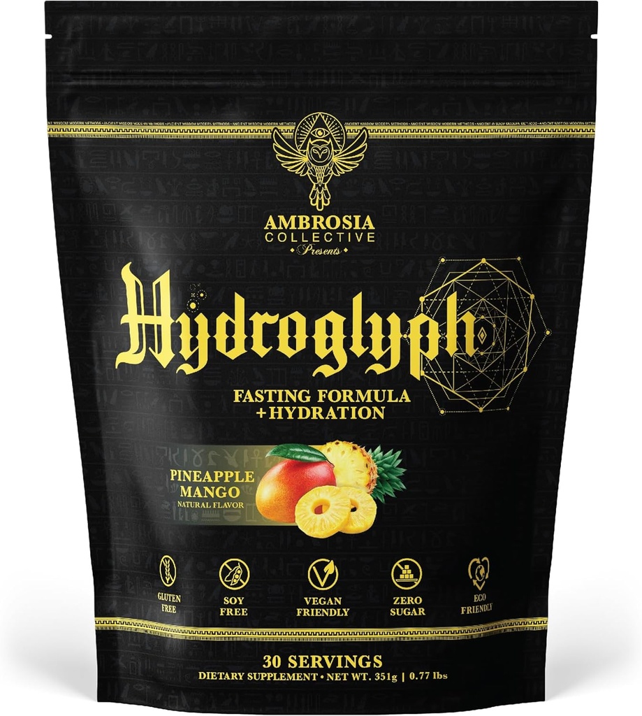 Ambrosia Hydroglyph Intraworkout Fórmula w/BCAA + EAA + Electrolytes Hidration Powder para proteger el músculo magro, 0g Sugar Fasting Hydration Drink Mix, Made w/Coconut Water (Pineapple Mango)