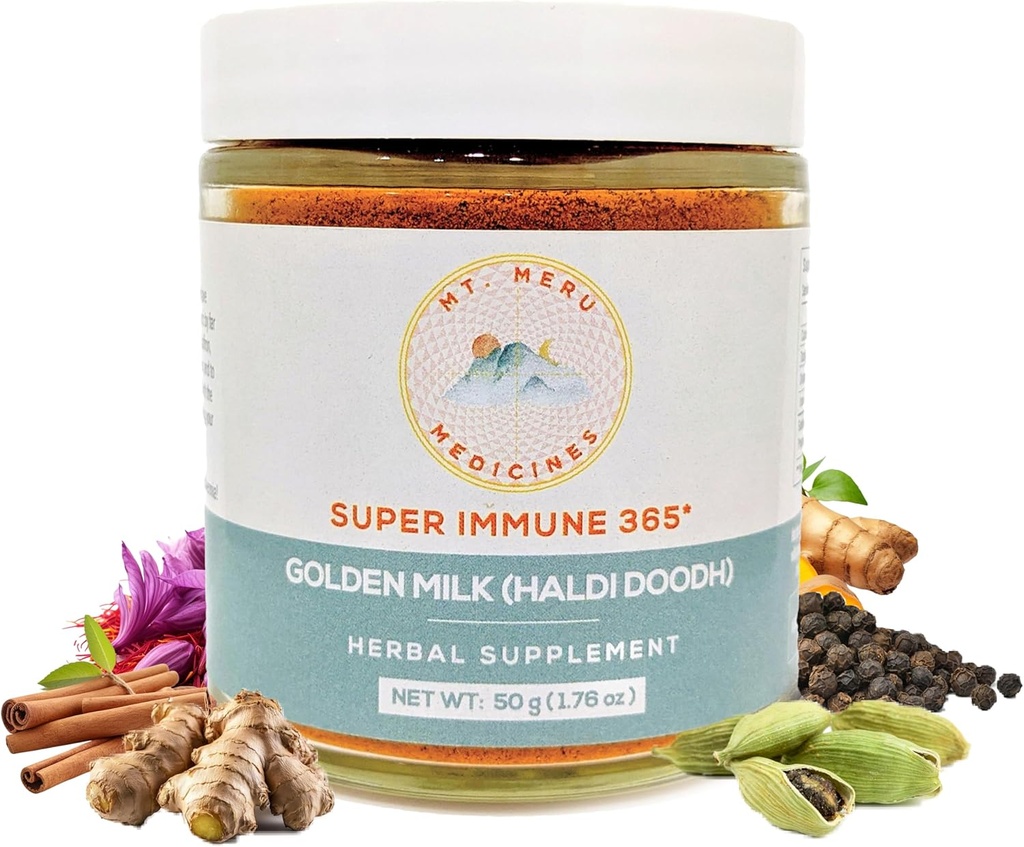 Mt.Meru Medicines Ayurvedic Haldi Doodh/Golden Milk Superblend- with Immune Boosting Formula, Gluten-Free, for Brain Health, Gut Support with High Curcumin Lakadong Turmeric (1.76oz/50g)