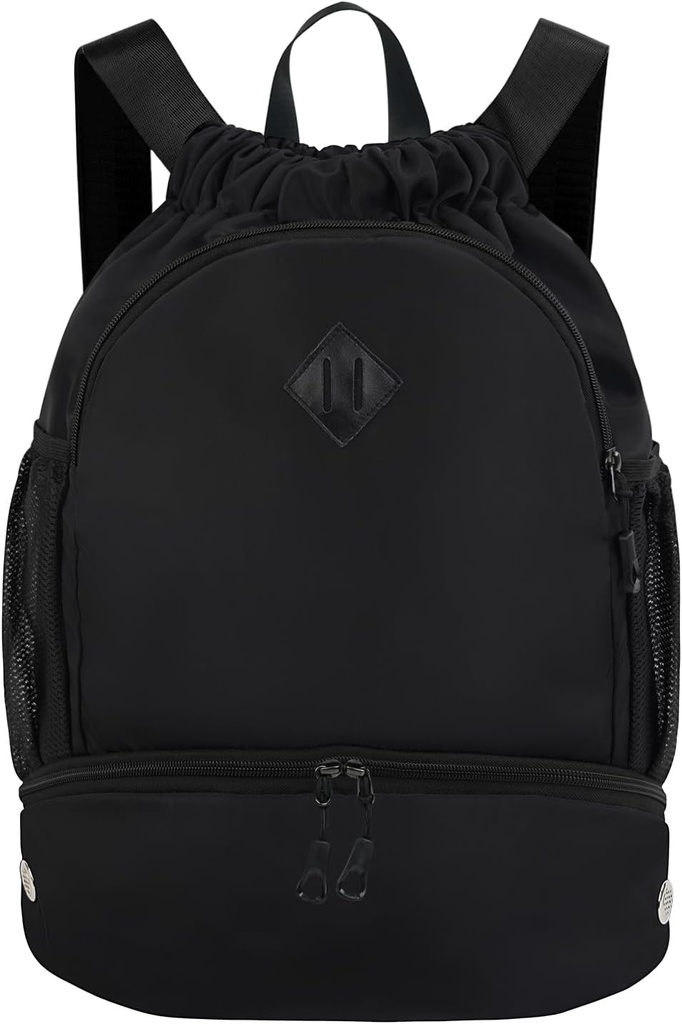 Drawstring Backpack Gym Backpack with Shoe Compartment for Men Women String Sports Bag with Wet Pocket Cinch Swim Beach Bag, Black (Patent Pending)