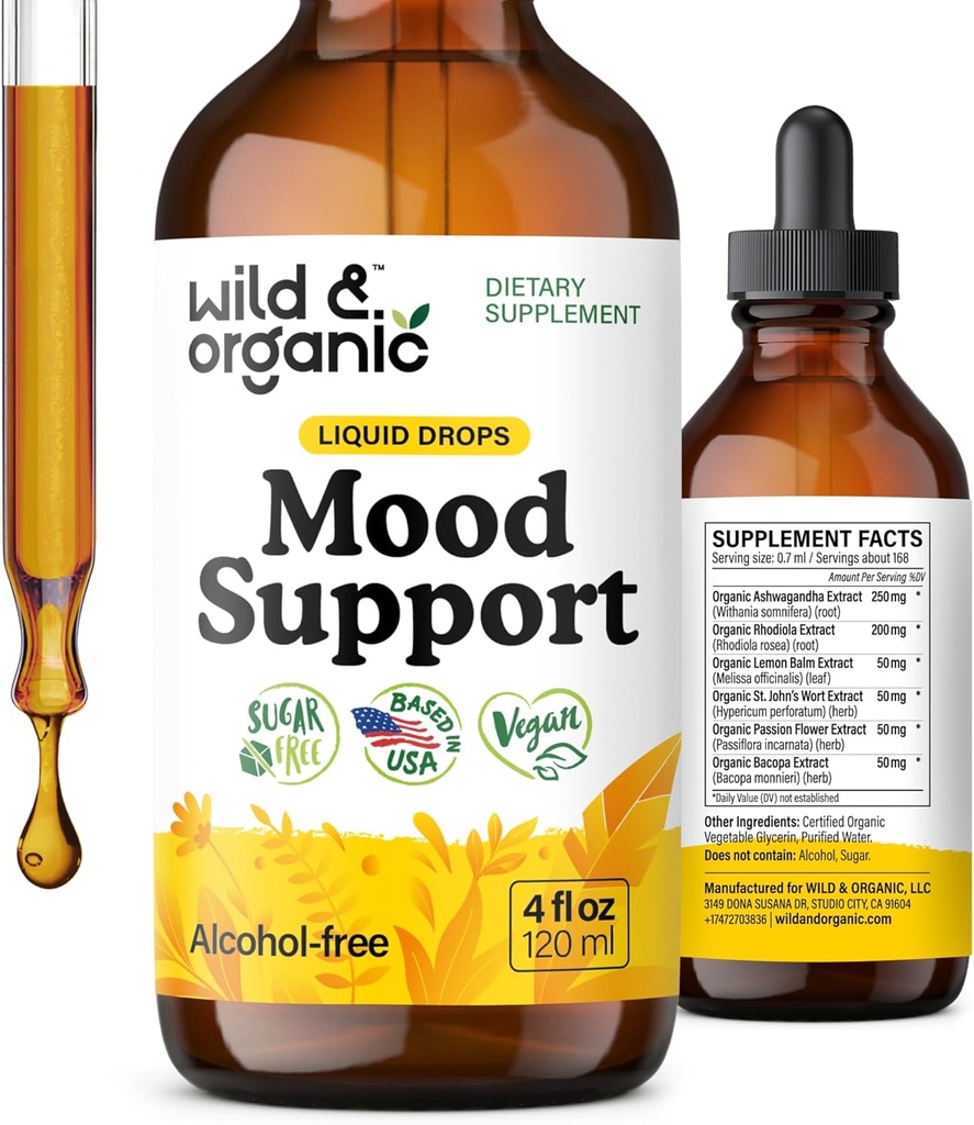 Suplemento de apoyo a los moodes orgánicos silvestres - gotas líquidas naturales para la energía positiva - Suplemento de la mente calma para mujeres y hombres - Ashwagandha no alcohol " Rhodiola Rosea Root Tintura para buen mood - 4 oz