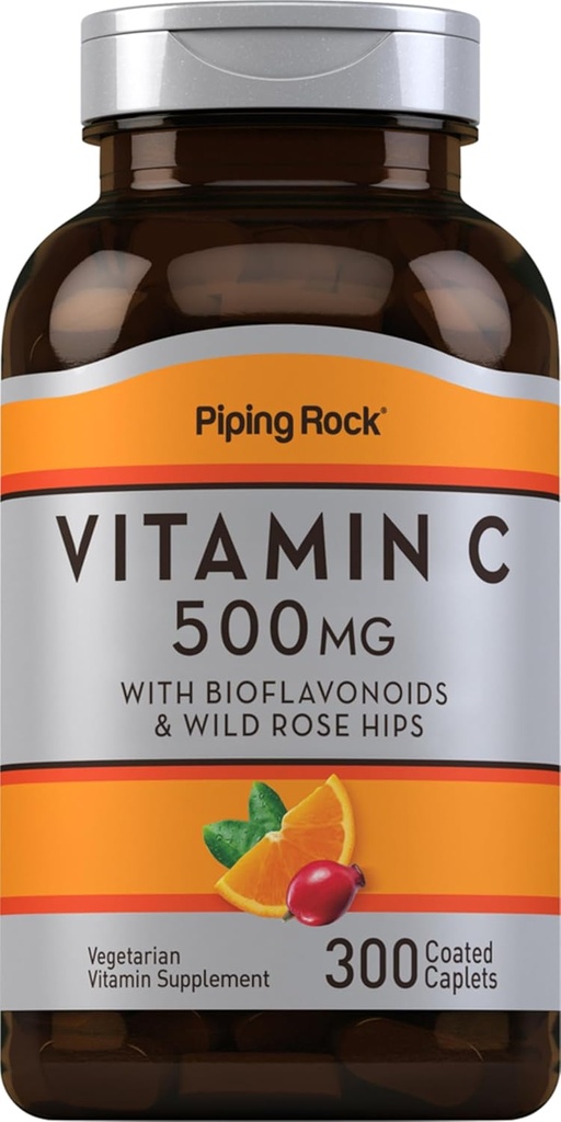 Piping Rock Vitamin C 500mg | 300 Caplets | with Rose HIPS and Bioflavonoids | Supplement for Women and Men | Vegetarian, Non-GMO, Gluten Free