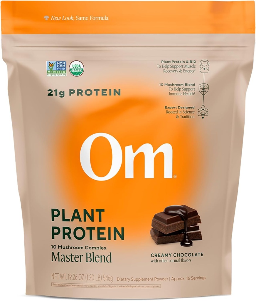 OM MUSHROOM SUPERFOOD Master Blend Vegan Protein – Organic Chocolate Plant Protein with 10 Mushrooms, Ashwagandha, BCAAs & B12 – Energy, Recovery & Immune Support – 1.2 lb (16 Servings)