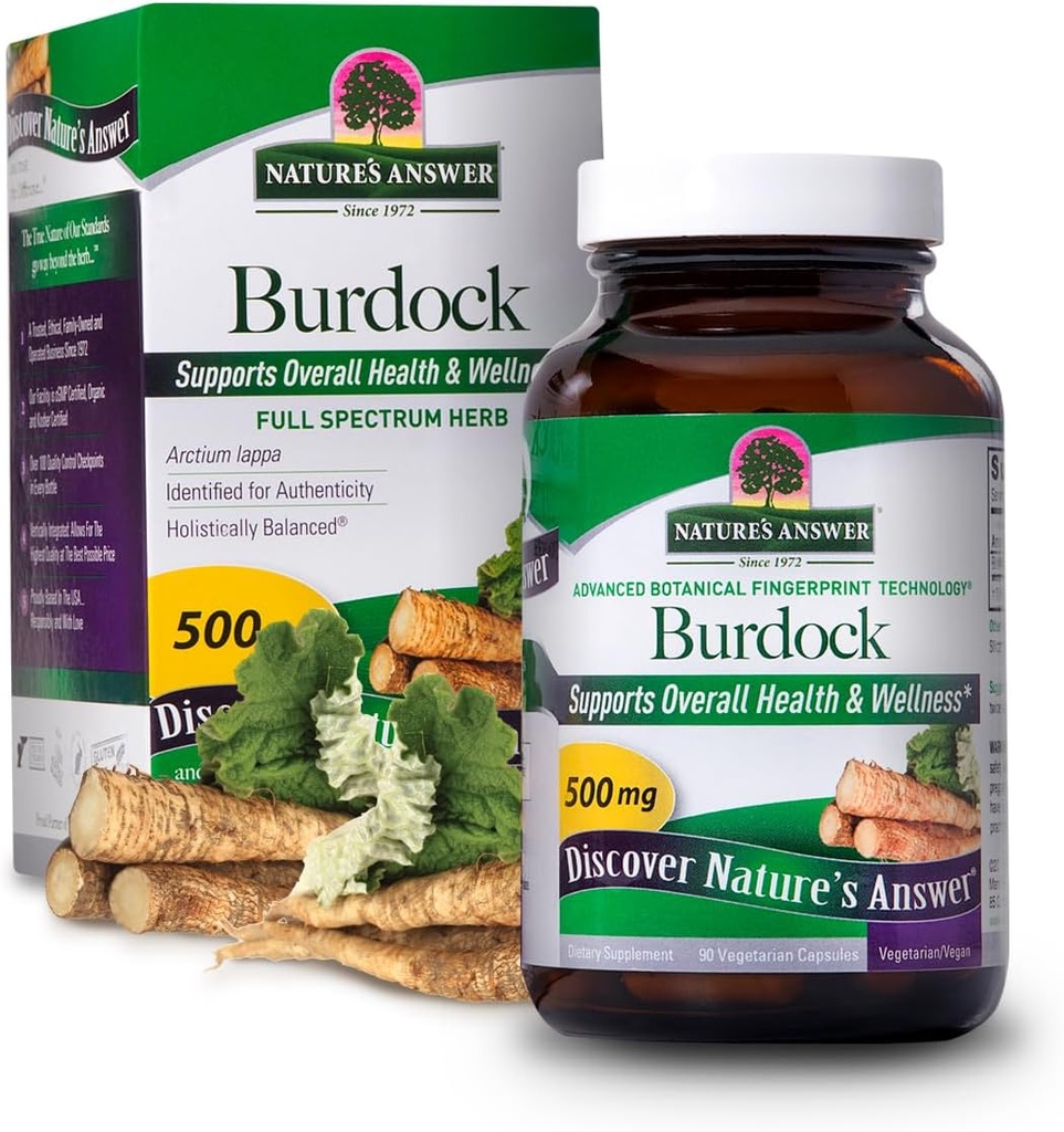 Respuesta de la naturaleza Burdock Root 500mg 90-Capsules ← Detoxificador natural  Promueve la circulación sanguínea ← Sostenimiento de la piel ← Liver " Kidney Function ¦ Gluten-Free, Non-GMO, Vegan TENIDO Single Count