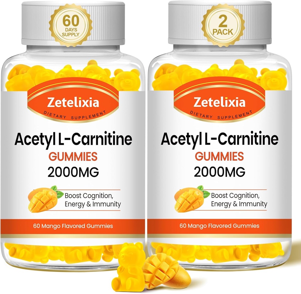 2 Pack Acetyl L-Carnitine Gummies, L-Carnitine Supplement for Women &amp; Men, Nutrition Supplement for Boost Energy, Immunity & Brain Health, Vegan, Non-GMO, Mango Flavor, 120 Count